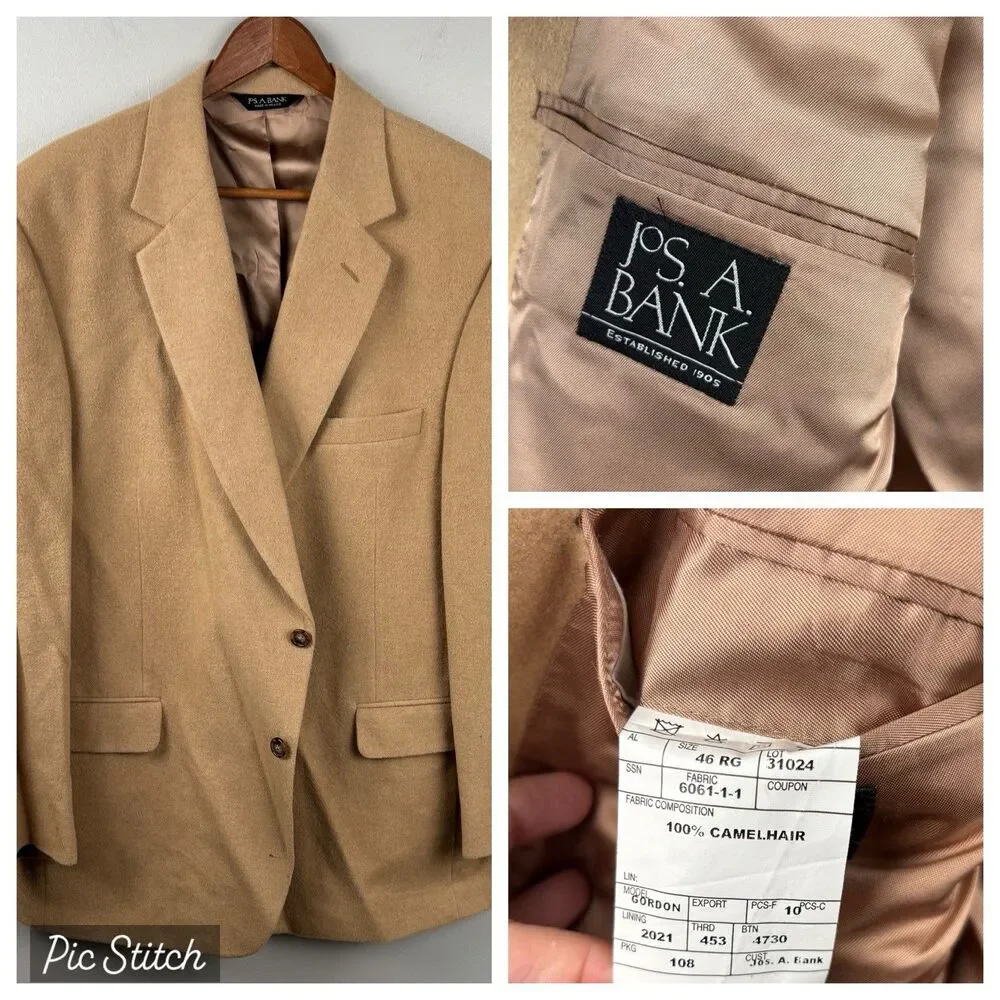 Jos A Bank Blazer Mens 46R Beige 100% Camel Hair Pockets Soft Lined Single Vent